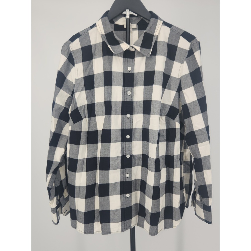 Talbots Plus Womens 1X Buffalo Plaid Button Down Shirt Black White Long Sleeve